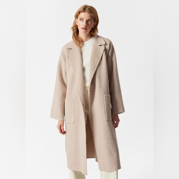 & Other Stories wool coat open collar sand beige textured pockets belt cardigan - Picture 1 of 8